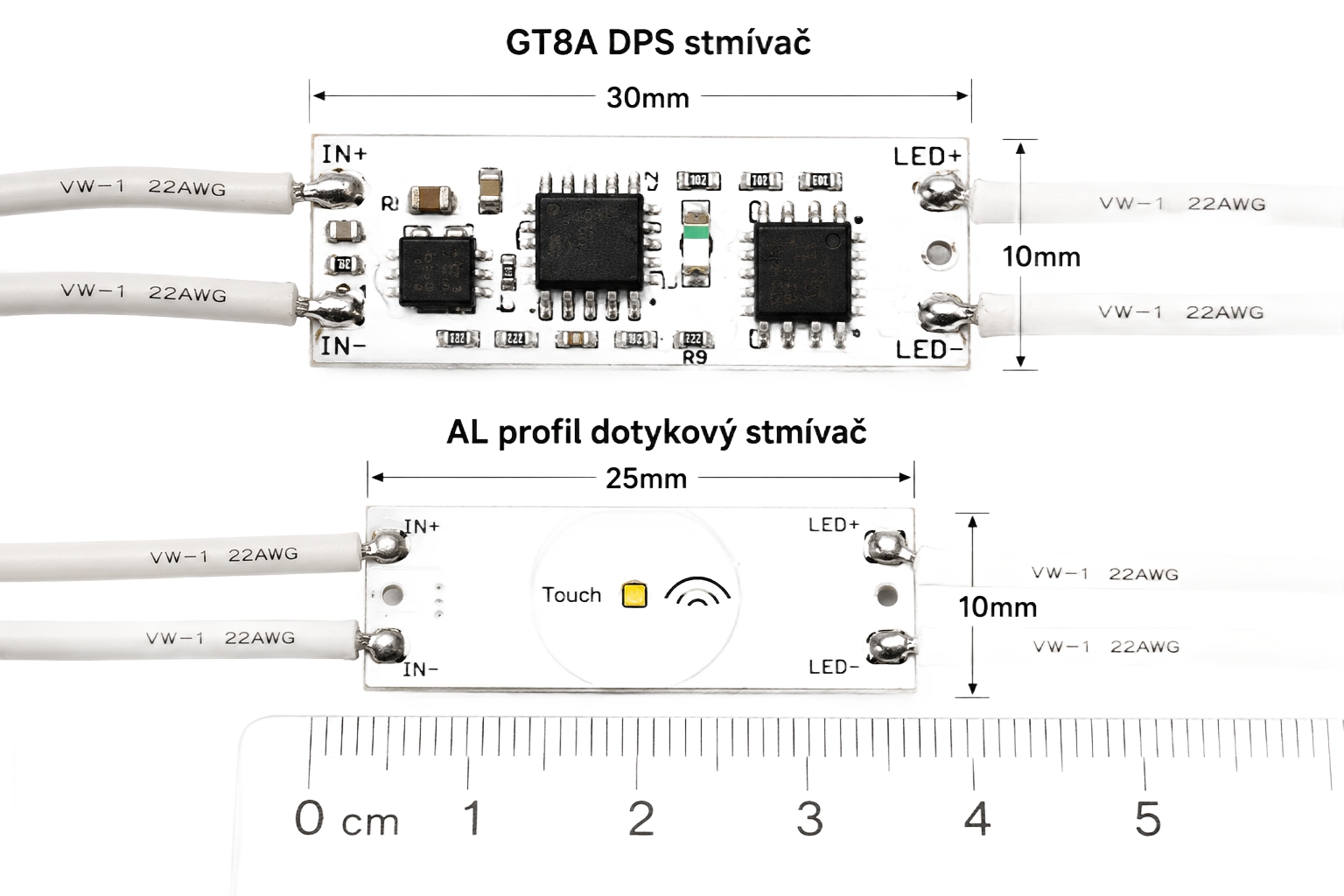 Rozměry dotykového stmívače GT8A 10x30mm pro instalaci pod sklo